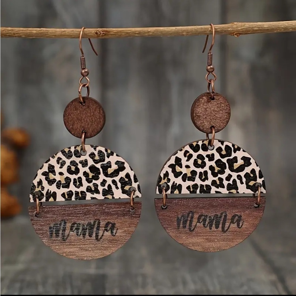 Mama animal print wood earrings